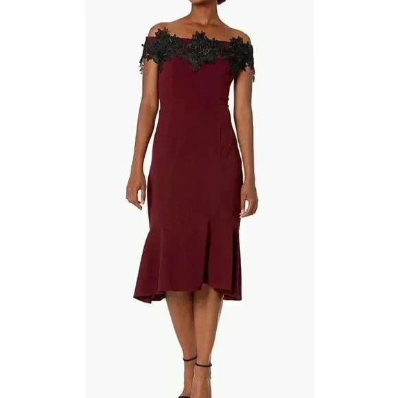 Marina Women's Off The Shoulder Applique Dress, Burgundy, 4 - Picture 1 of 2